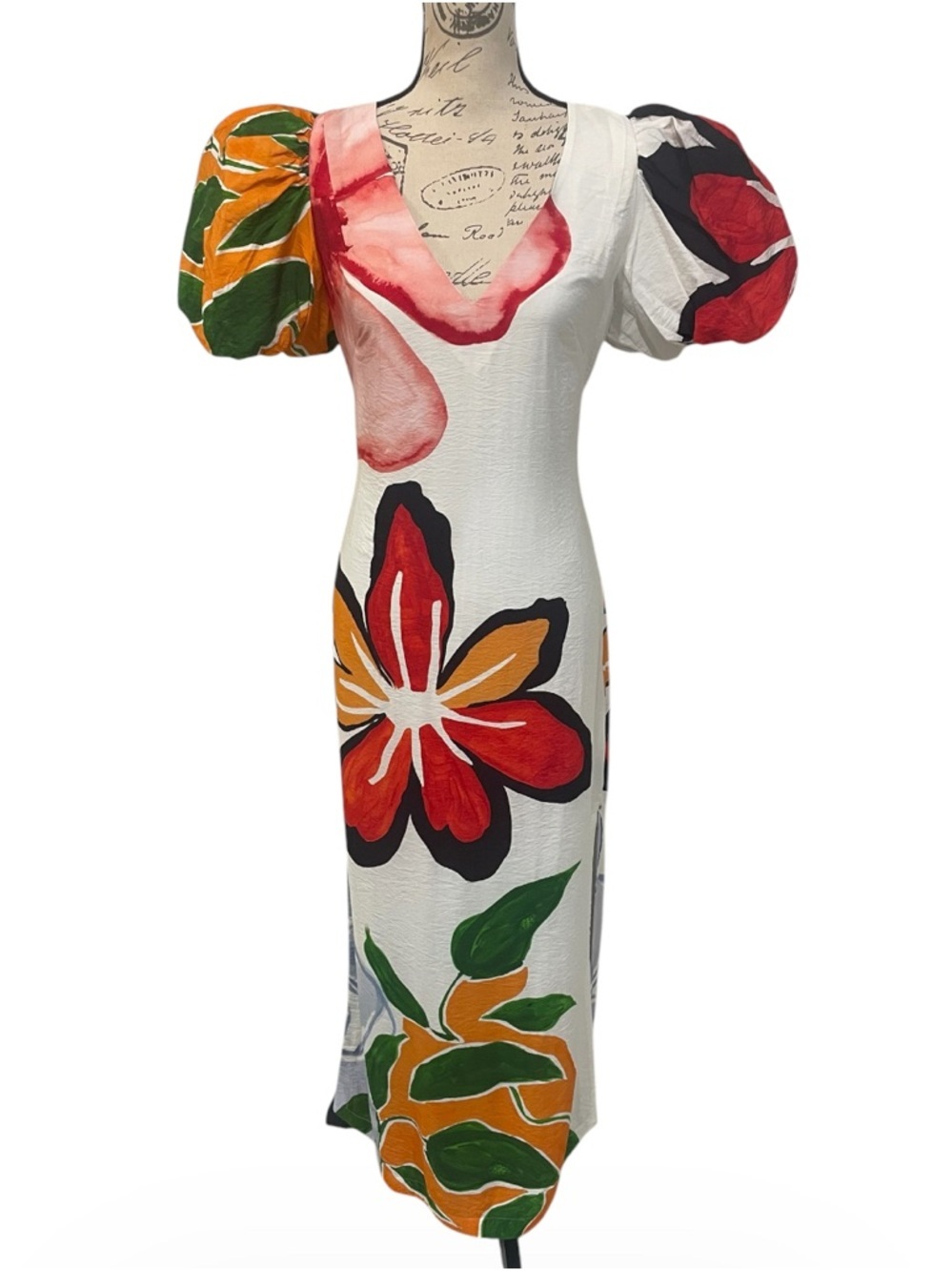 Anthropologie Floral Puff Sleeve Midi Dress Side Slit Resort Boho NWT Small - Picture 5 of 16
